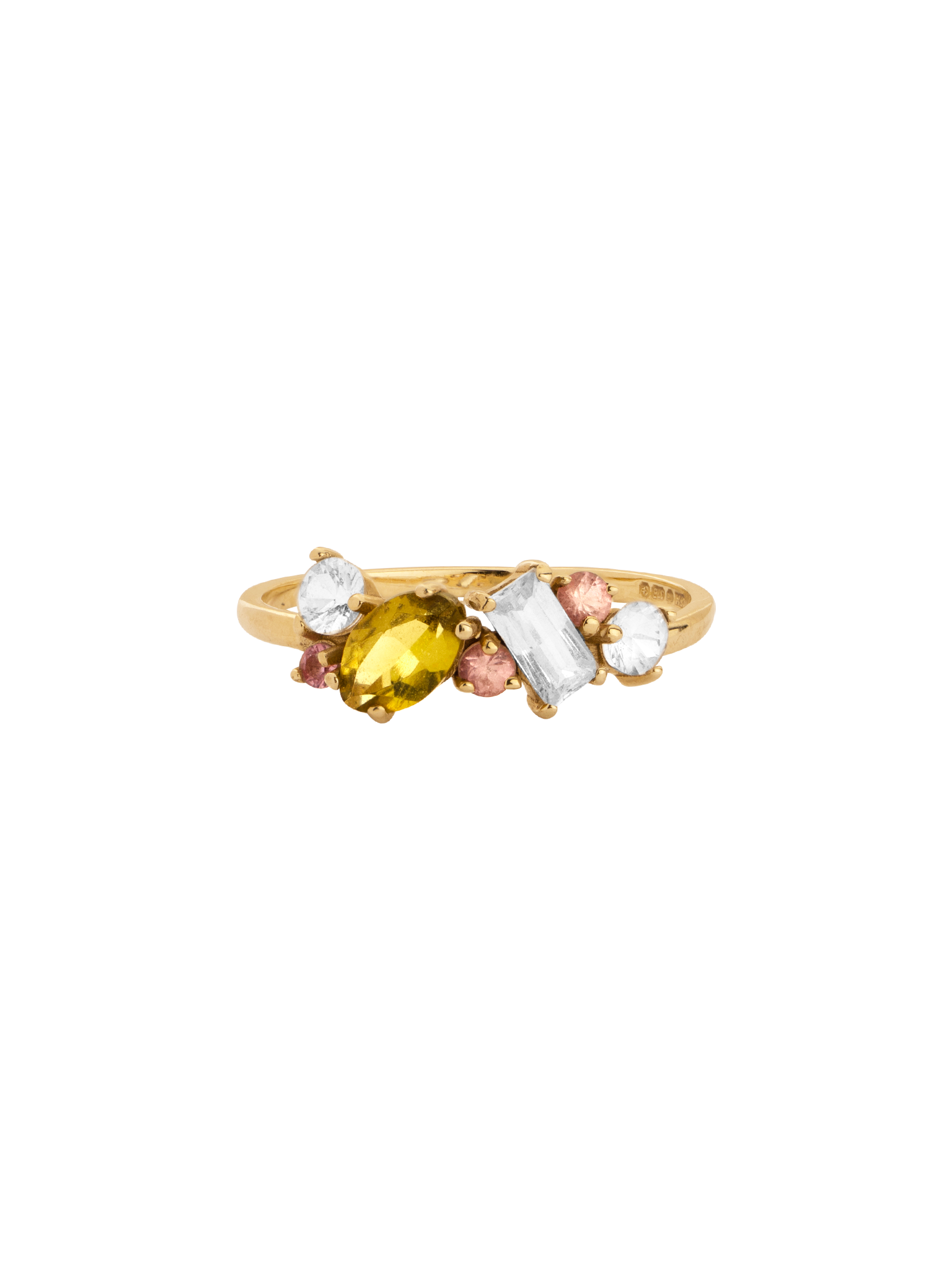 9ct gold pink and green asymmetric cluster engagement ring